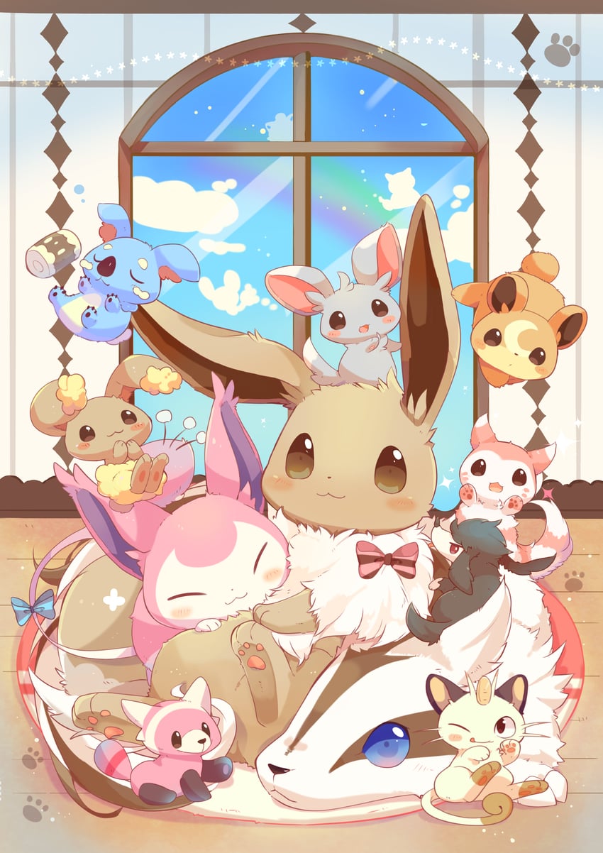 eevee, meowth, furret, buneary, skitty, and 6 more (pokemon) drawn by ushiina