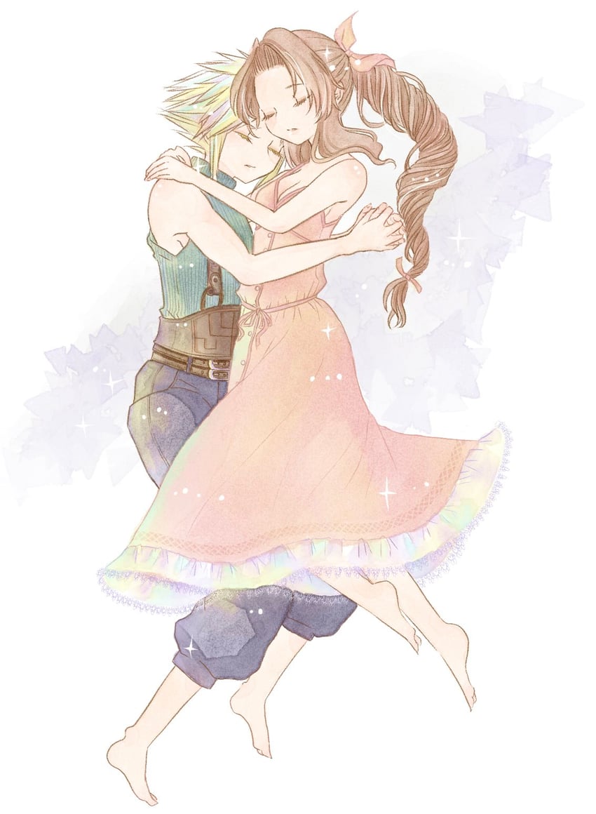cloud strife and aerith gainsborough (final fantasy and 3 more) drawn by bluelimbo8888