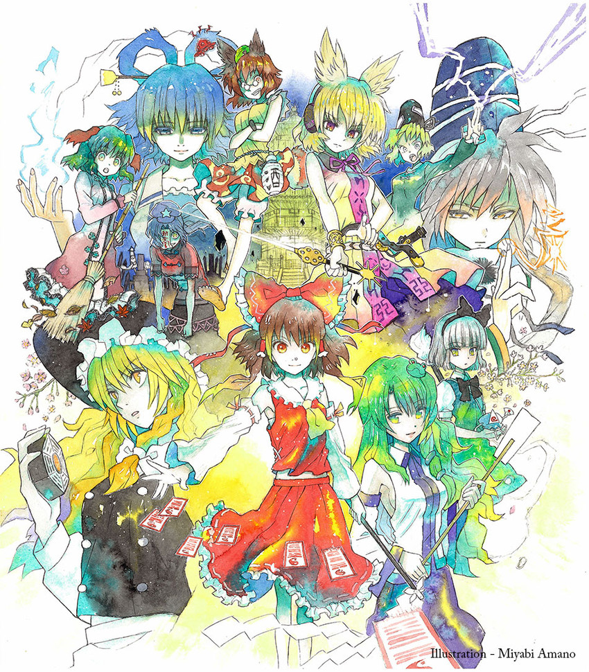 hakurei reimu, kirisame marisa, kochiya sanae, konpaku youmu, saigyouji yuyuko, and 8 more (touhou and 1 more) drawn by amano_miyabi