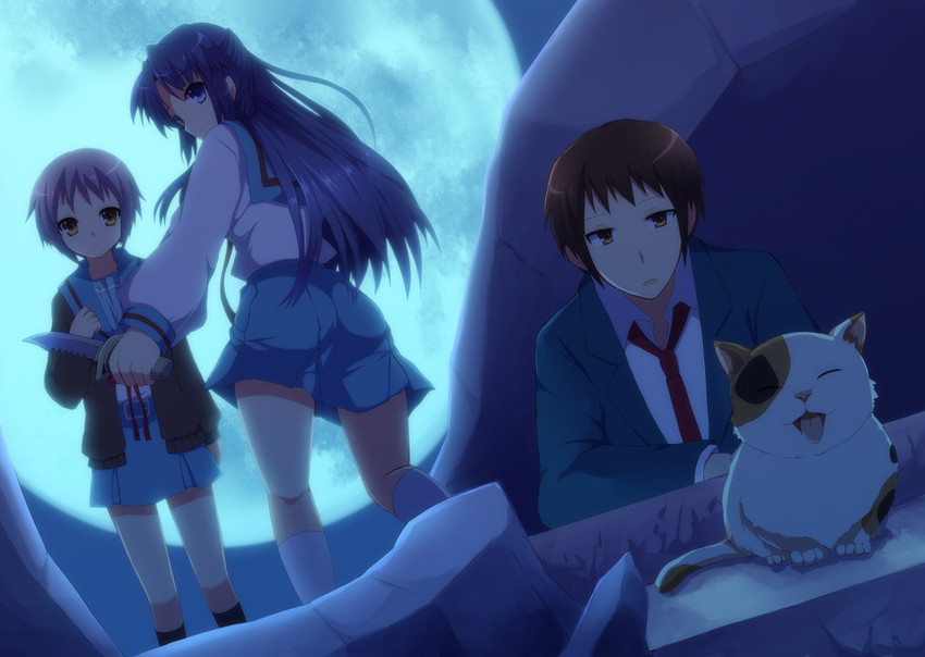 nagato yuki, kyon, asakura ryoko, and shamisen (suzumiya haruhi no yuuutsu) drawn by inui_nagi