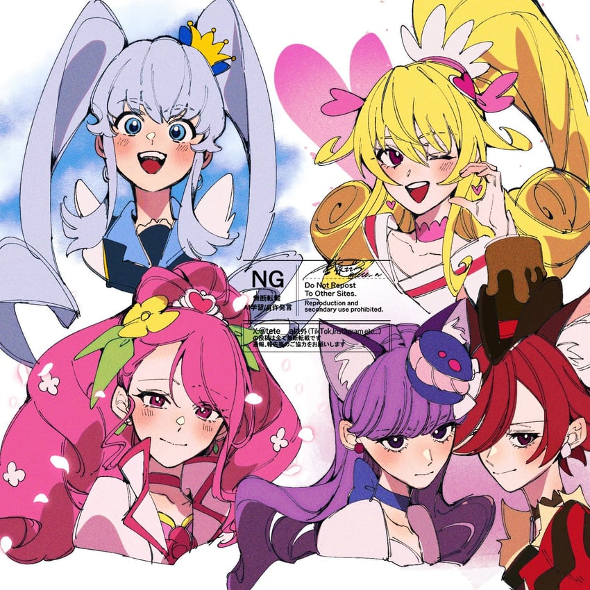 cure heart, cure princess, cure macaron, cure chocolat, and cure grace (precure and 4 more) drawn by aoi_tete
