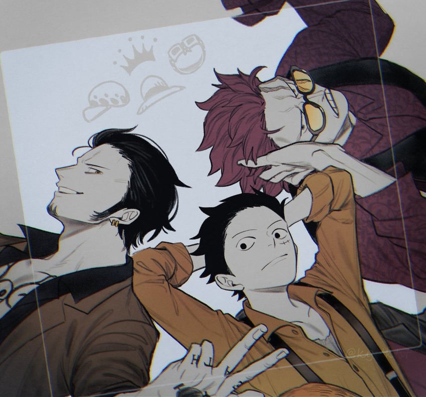 monkey d. luffy, trafalgar law, and eustass kid (one piece) drawn by kiyoshita
