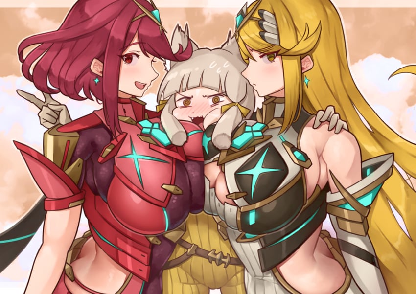 pyra, mythra, and nia (xenoblade chronicles and 1 more) drawn by yotsuha_uni