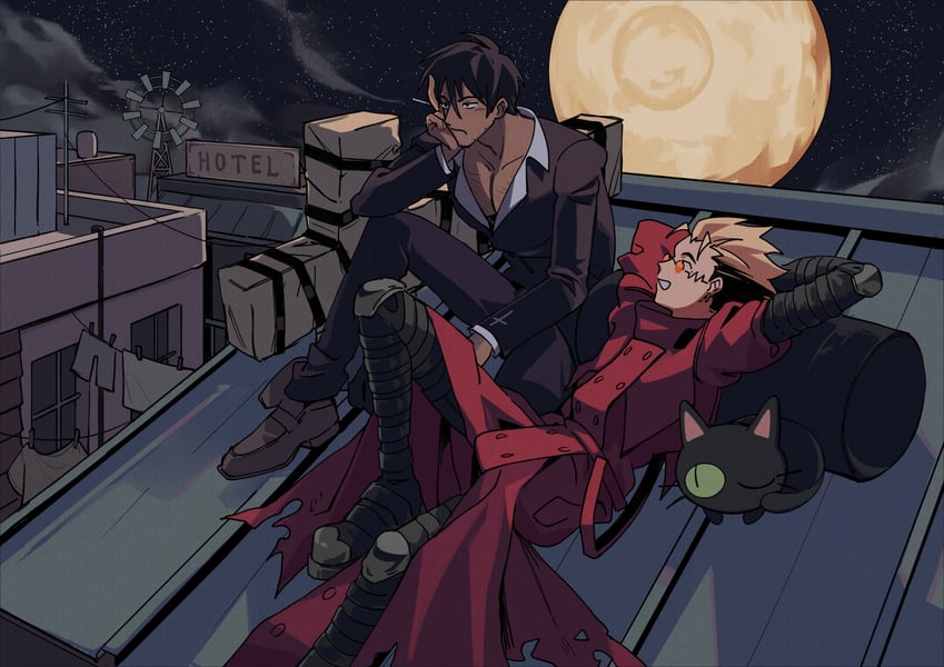 vash the stampede, nicholas d. wolfwood, and kuroneko (trigun) drawn by toastsogwich