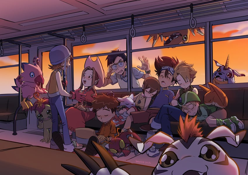 yagami hikari, yagami taichi, tailmon, agumon, tachikawa mimi, and 10 more (digimon and 1 more) drawn by shouri_(mirrorshards)