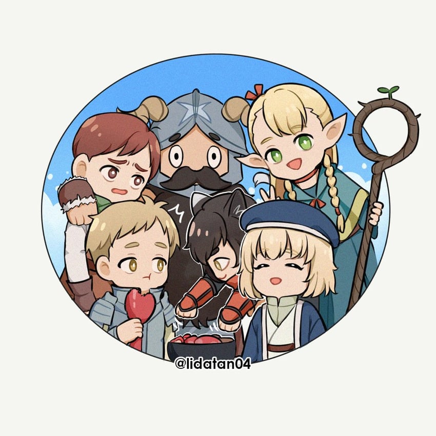 marcille donato, falin touden, laios touden, senshi, chilchuck tims, and 1 more (dungeon meshi) drawn by lida_(lidalida04)