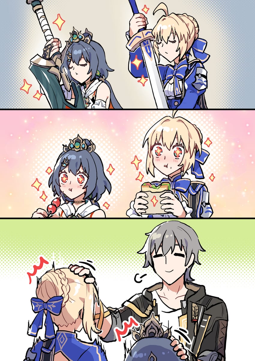 artoria pendragon, saber, trailblazer, caelus, and yunli (fate and 4 more) drawn by sakana_(fishchunk)
