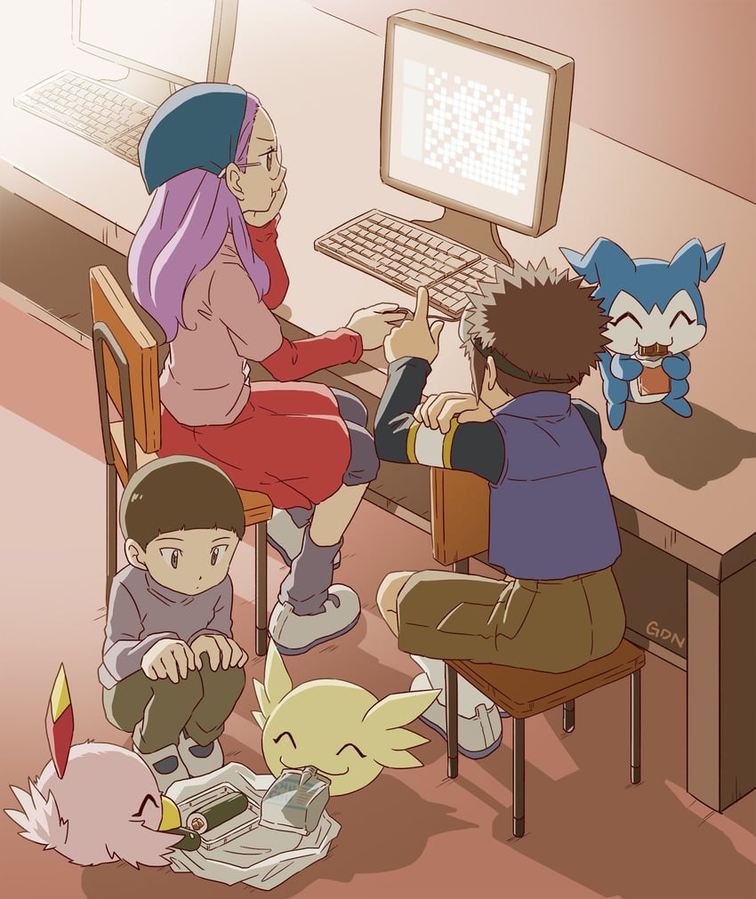 motomiya daisuke, inoue miyako, chibimon, hida iori, poromon, and 1 more (digimon and 1 more) drawn by gdn0522