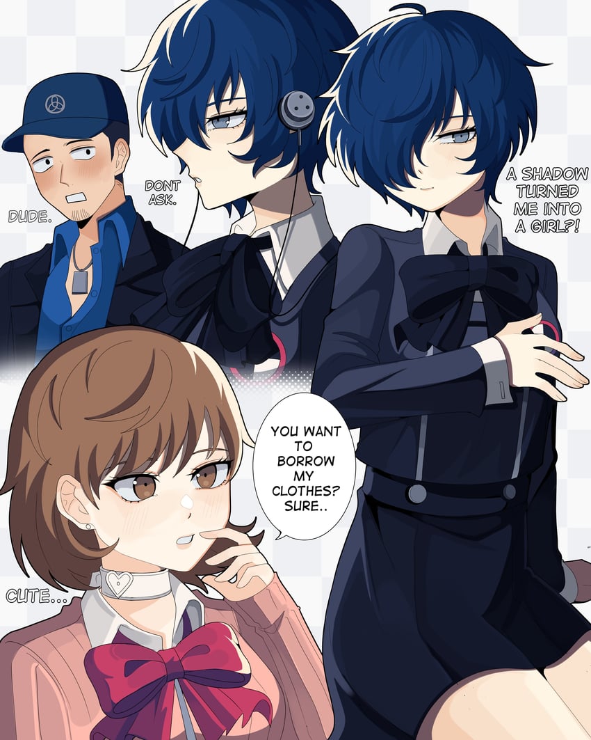 yuuki makoto, takeba yukari, and iori junpei (persona and 1 more) drawn by bobamiruku