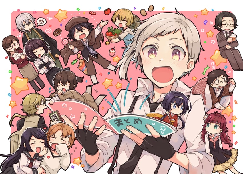 dazai osamu, nakajima atsushi, izumi kyouka, edogawa ranpo, yosano akiko, and 10 more (bungou stray dogs) drawn by karinoaaa