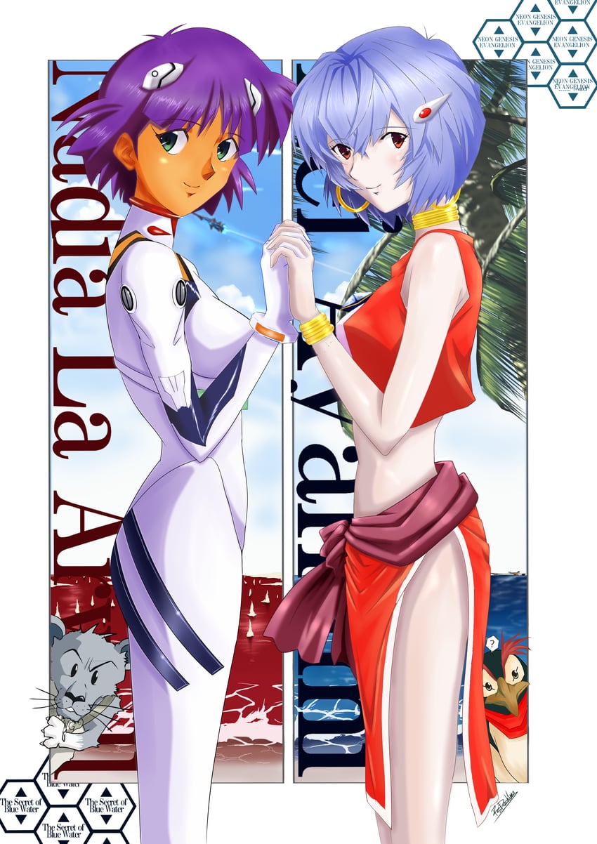 ayanami rei, nadia la arwall, penpen, king, and nautilus (neon genesis evangelion and 2 more) drawn by darshima