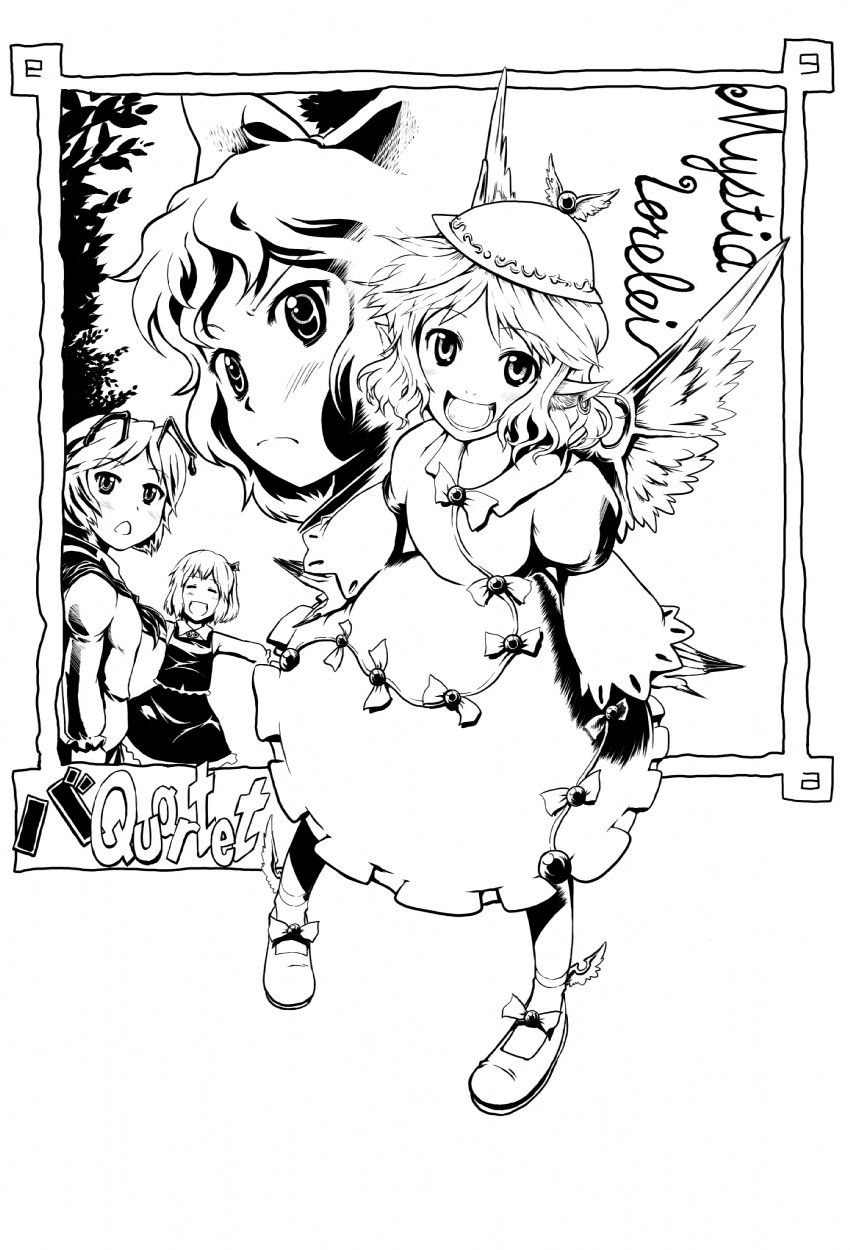 cirno, rumia, mystia lorelei, and wriggle nightbug (touhou) drawn by d.koutya