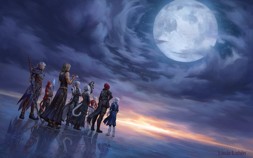 warrior of light, y'shtola rhul, g'raha tia, alisaie leveilleur, estinien varlineau, and 3 more (final fantasy and 1 more) drawn by linda_lithen