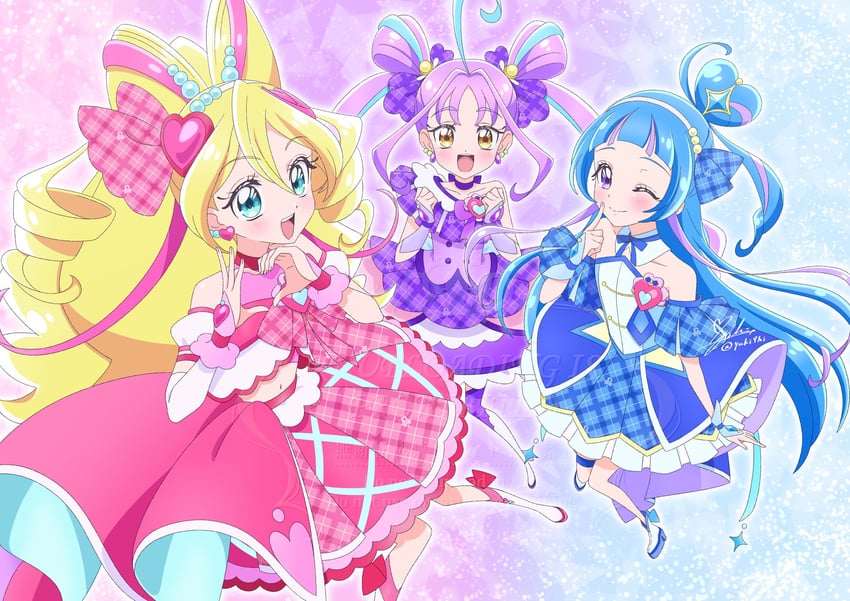 sakura uta, cure idol, shigure kokoro, aokaze nana, cure wink, and 1 more (precure and 1 more) drawn by yuki9hi