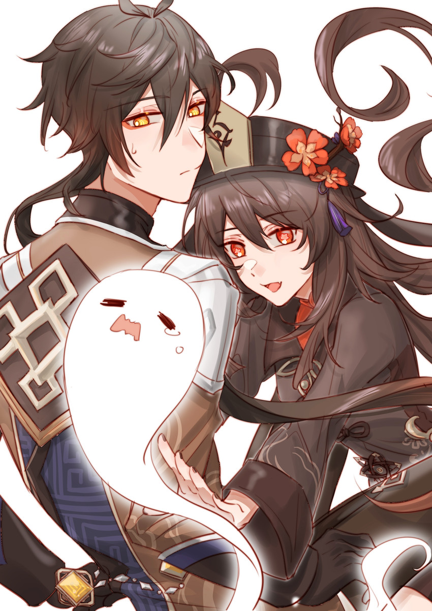 hu tao, zhongli, and boo tao (genshin impact) drawn by ppttlyr