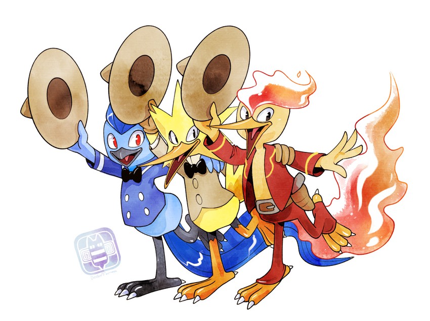 donald duck, articuno, zapdos, moltres, panchito pistoles, and 1 more (pokemon and 2 more) drawn by deebs