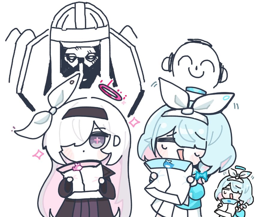 sensei, doodle sensei, arona, plana, and phrenapates (blue archive) drawn by amedrama