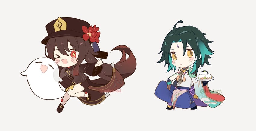 hu tao, xiao, and boo tao (genshin impact) drawn by melanbread