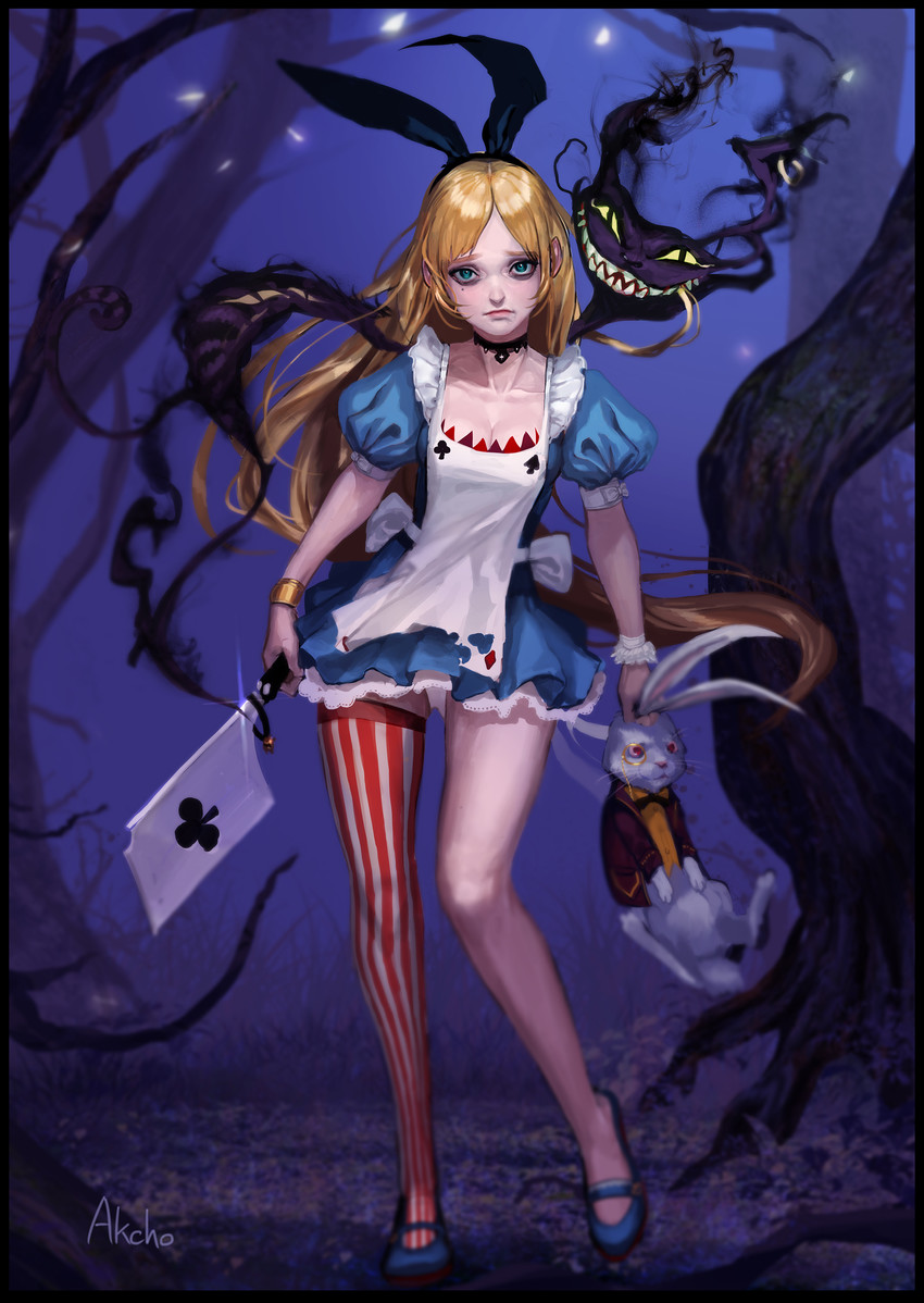 alice, white rabbit, and cheshire cat (alice's adventures in wonderland) drawn by akcho