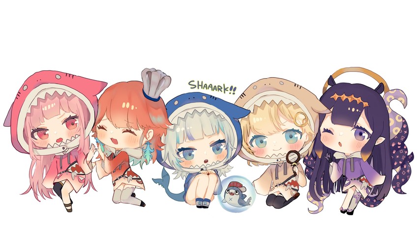 gawr gura, mori calliope, ninomae ina'nis, takanashi kiara, watson amelia, and 1 more (hololive and 1 more) drawn by pof_(peuplierpof)