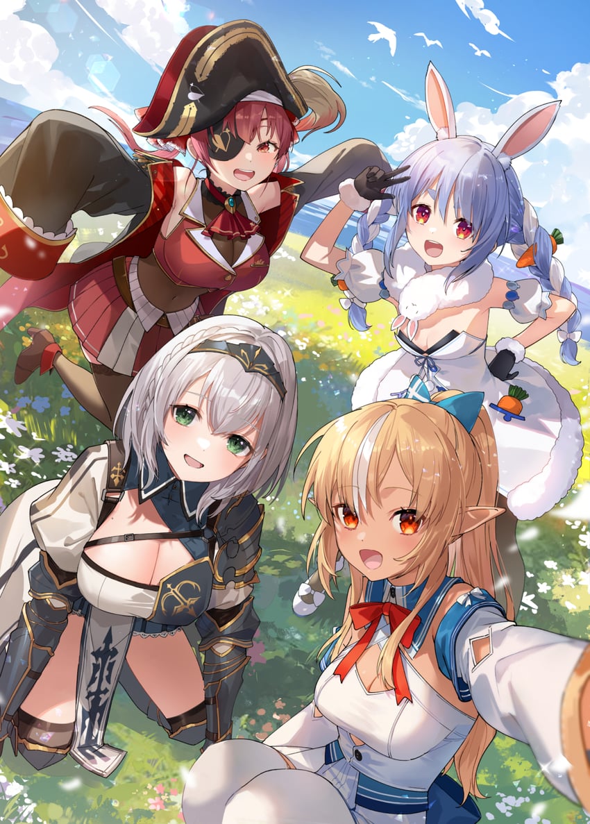 houshou marine, usada pekora, shirogane noel, shiranui flare, and don-chan (hololive) drawn by nima_(niru54)