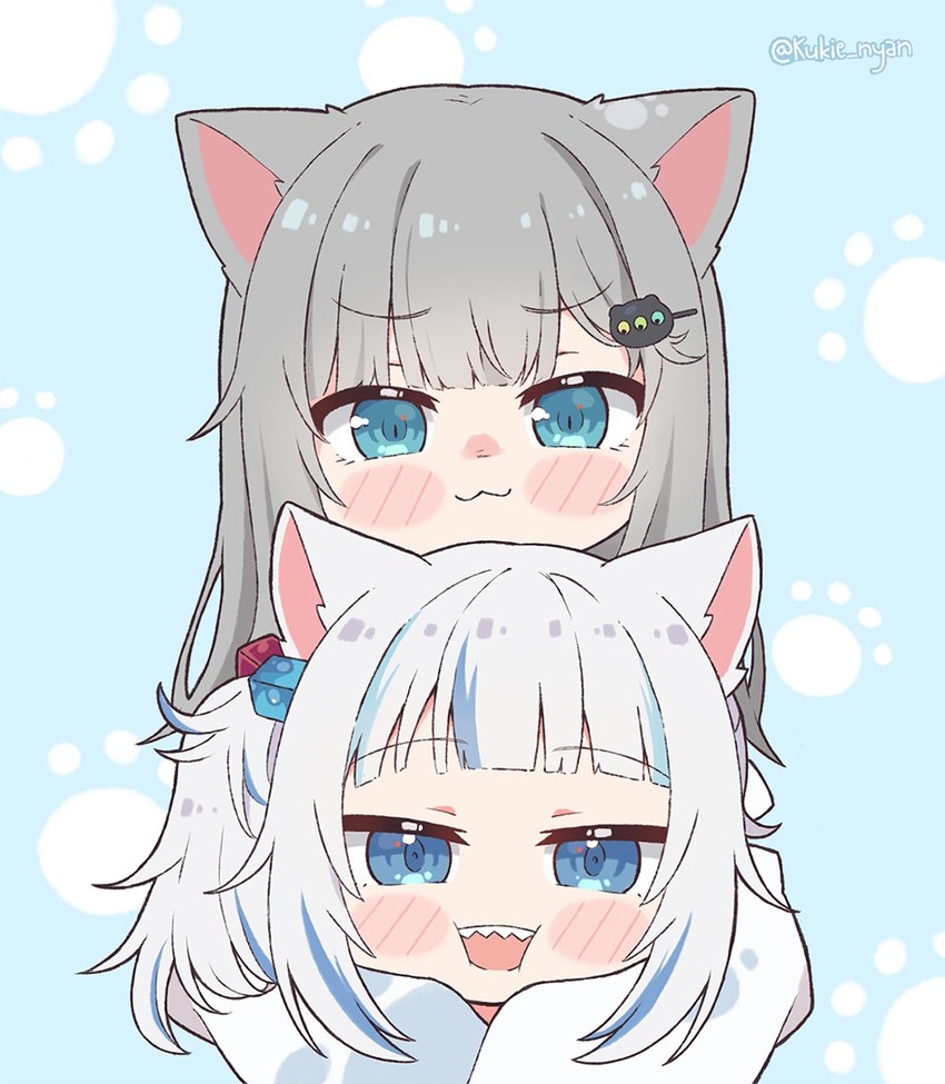 gawr gura and nachoneko (hololive and 2 more) drawn by kukie-nyan