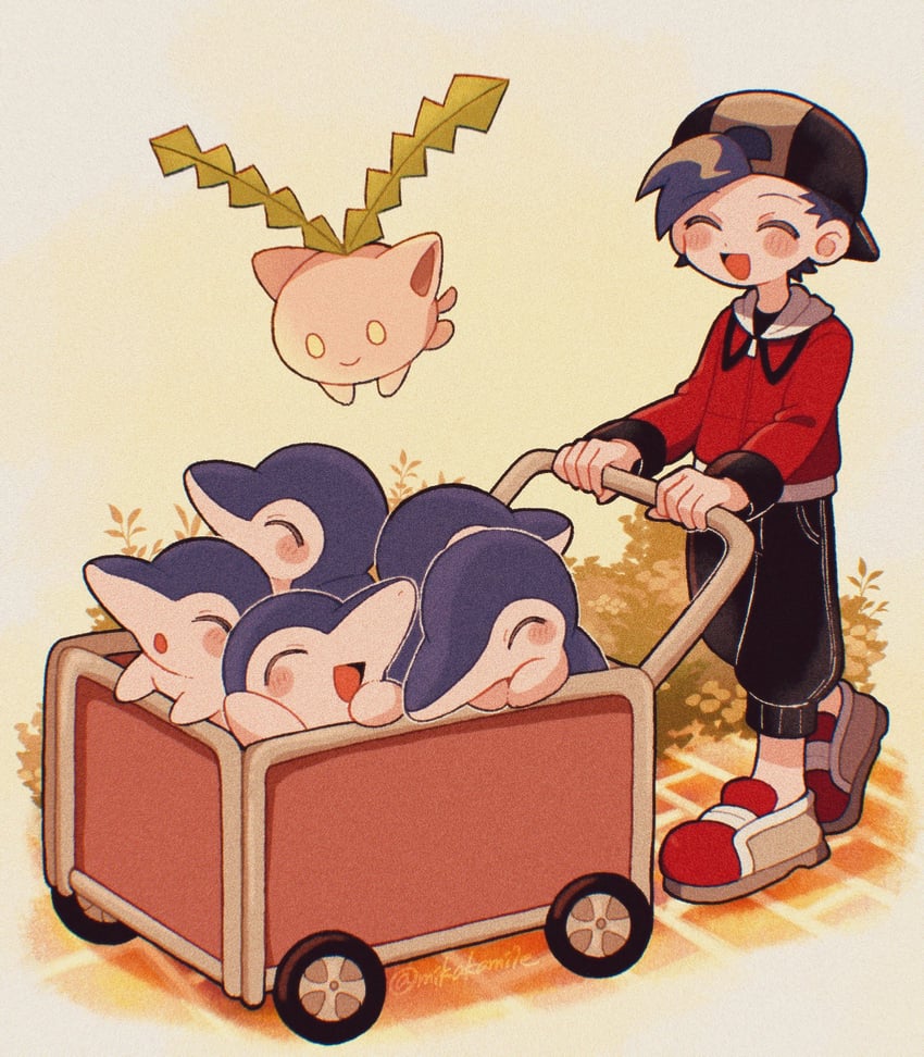 ethan, cyndaquil, and hoppip (pokemon and 1 more) drawn by mikakami1e
