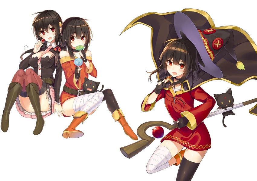 megumin, yunyun, and chomusuke (kono subarashii sekai ni shukufuku wo!) drawn by mishima_kurone