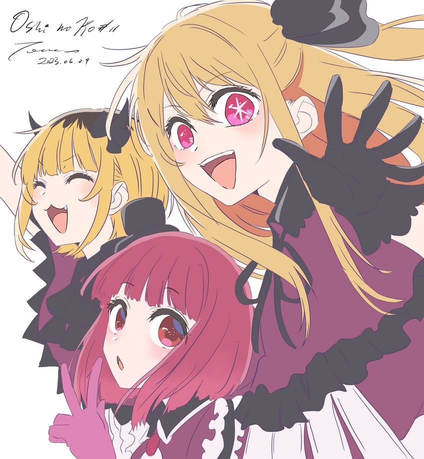 arima kana, hoshino ruby, and memcho (oshi no ko) drawn by hirayama_kanna