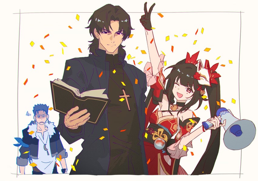 cu chulainn, sparkle, and kotomine kirei (fate and 4 more) drawn by yarr