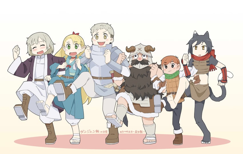 marcille donato, falin touden, laios touden, senshi, chilchuck tims, and 2 more (dungeon meshi and 1 more) drawn by sokina