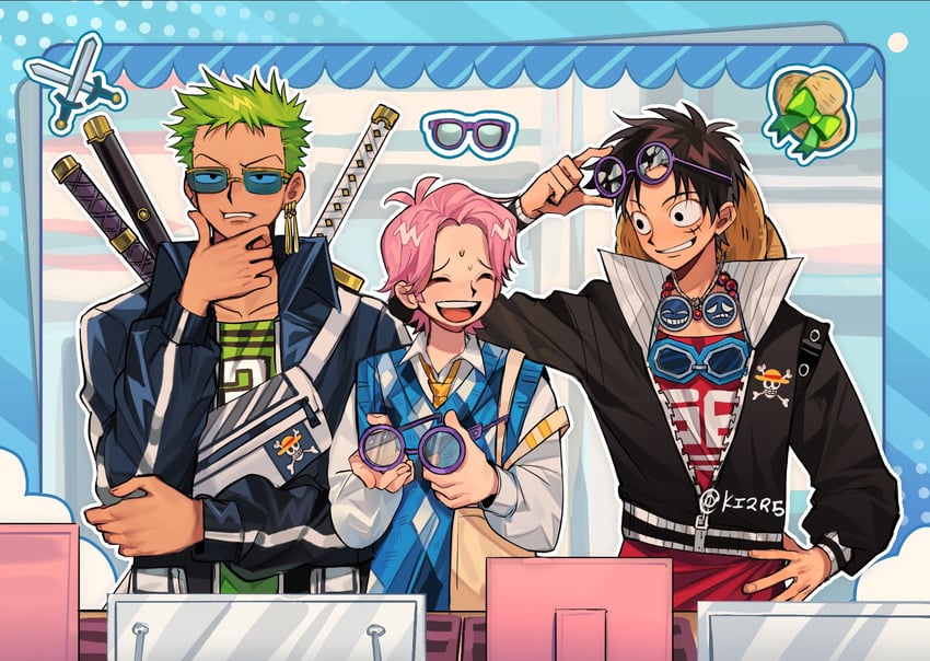 monkey d. luffy, roronoa zoro, and koby (one piece) drawn by ki2ri5