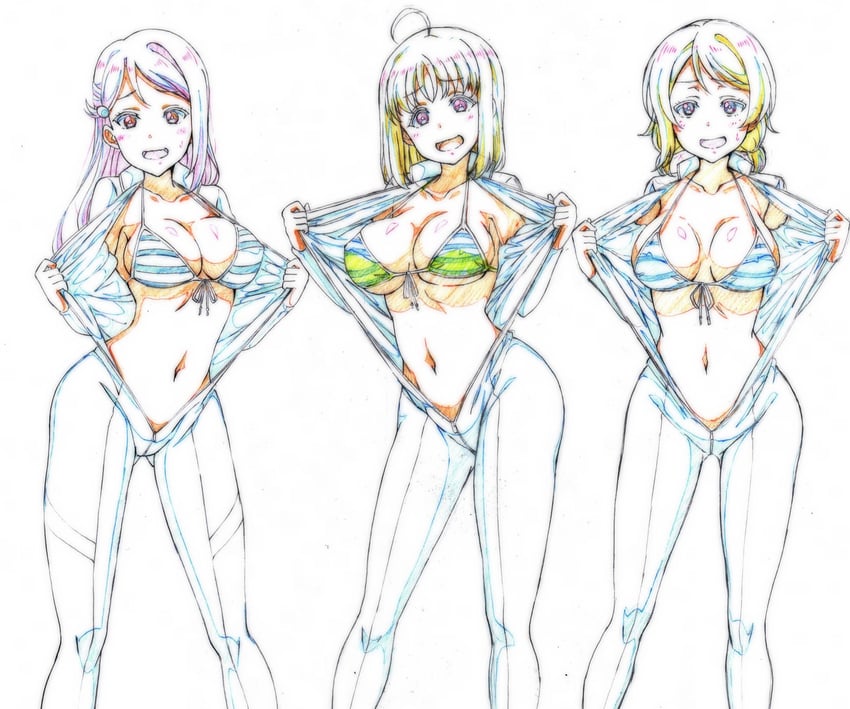 watanabe you, sakurauchi riko, and takami chika (love live! and 1 more) drawn by kotokoto_(jumon)