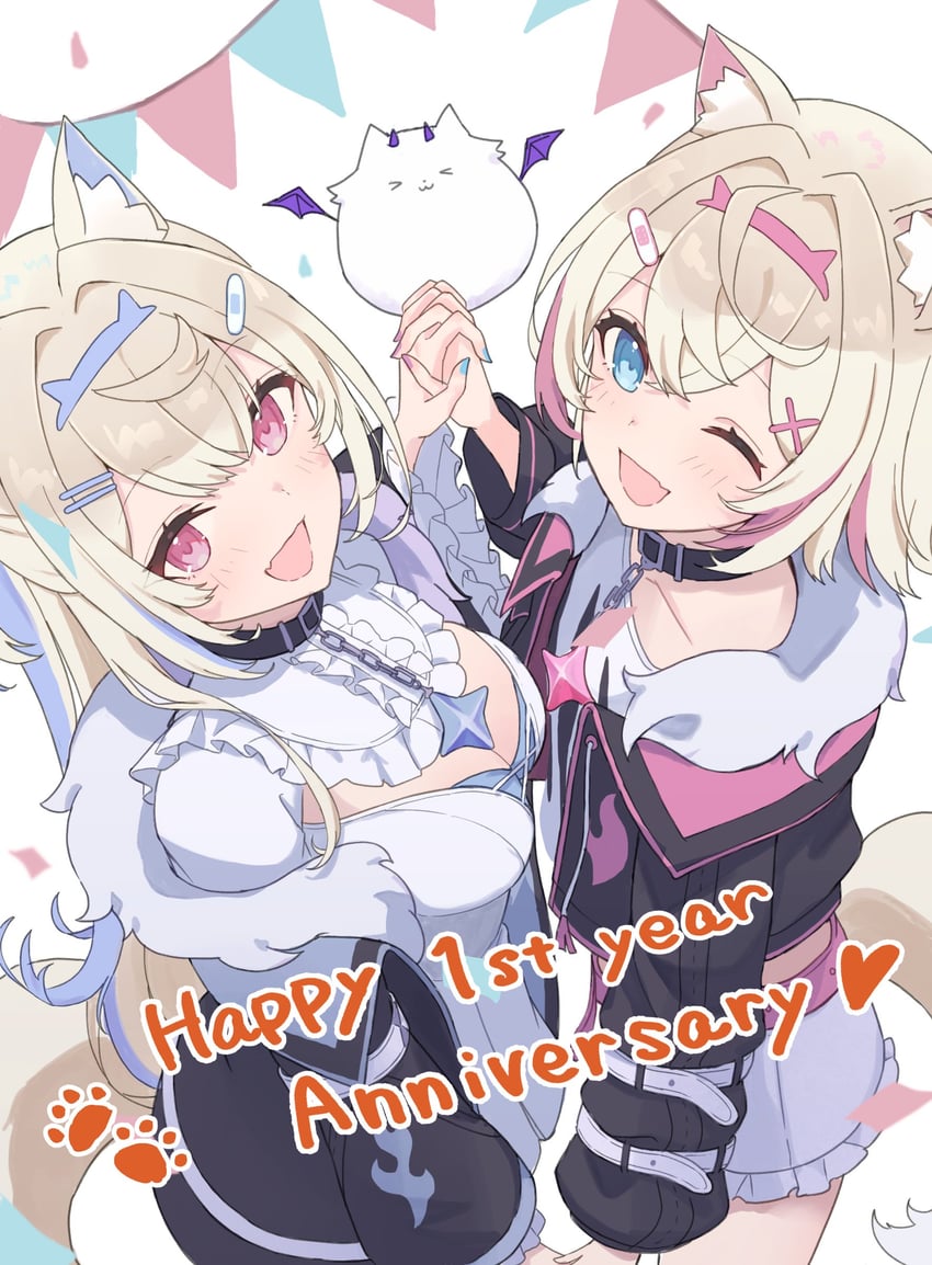 fuwawa abyssgard, mococo abyssgard, and perroccino (hololive and 1 more) drawn by mochigome_19