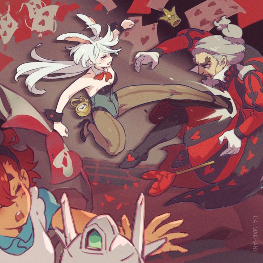 suletta mercury, miorine rembran, alice, white rabbit, gundam aerial, and 1 more (gundam and 2 more) drawn by dalmakhani3
