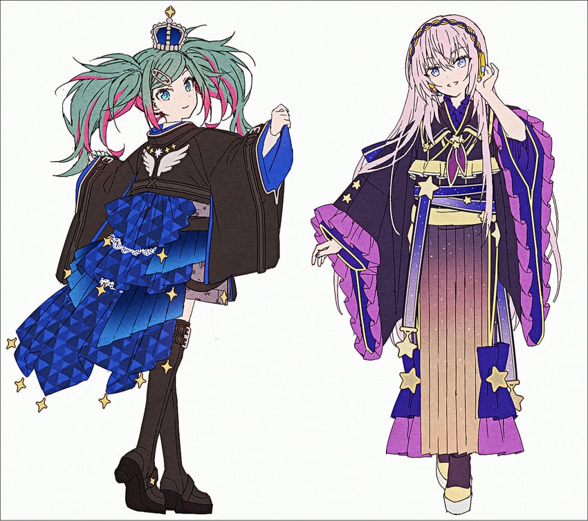 hatsune miku, megurine luka, leo/need miku, and leo/need luka (vocaloid and 1 more) drawn by hakusai_(tiahszld)
