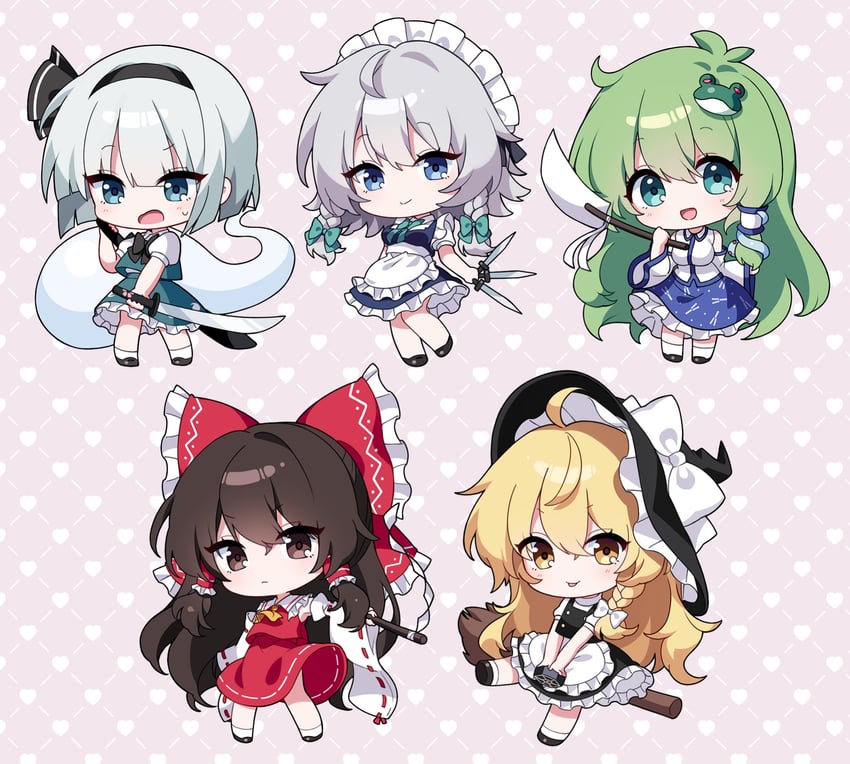 hakurei reimu, kirisame marisa, izayoi sakuya, kochiya sanae, and konpaku youmu (touhou) drawn by pudding_(skymint_028)