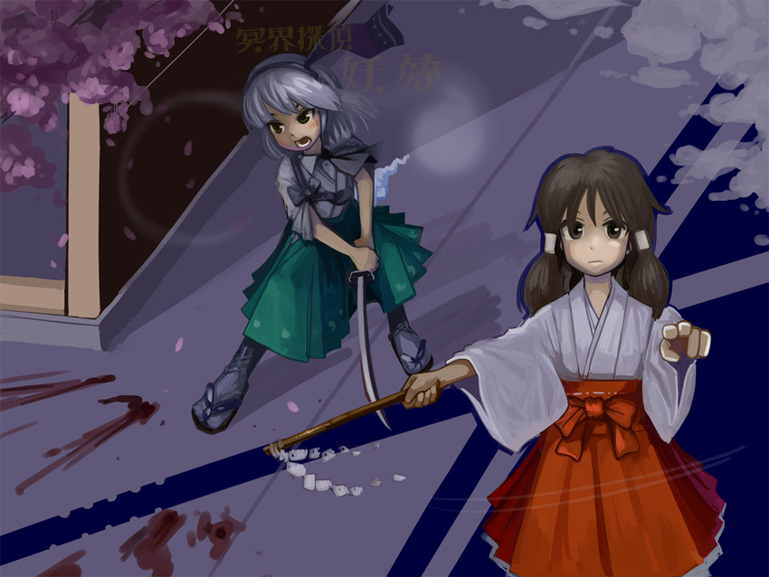 hakurei reimu and konpaku youmu (touhou) drawn by maku_(wasabishock)