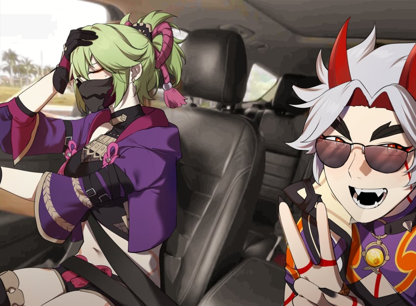 kuki shinobu and arataki itto (genshin impact) drawn by loverchigen