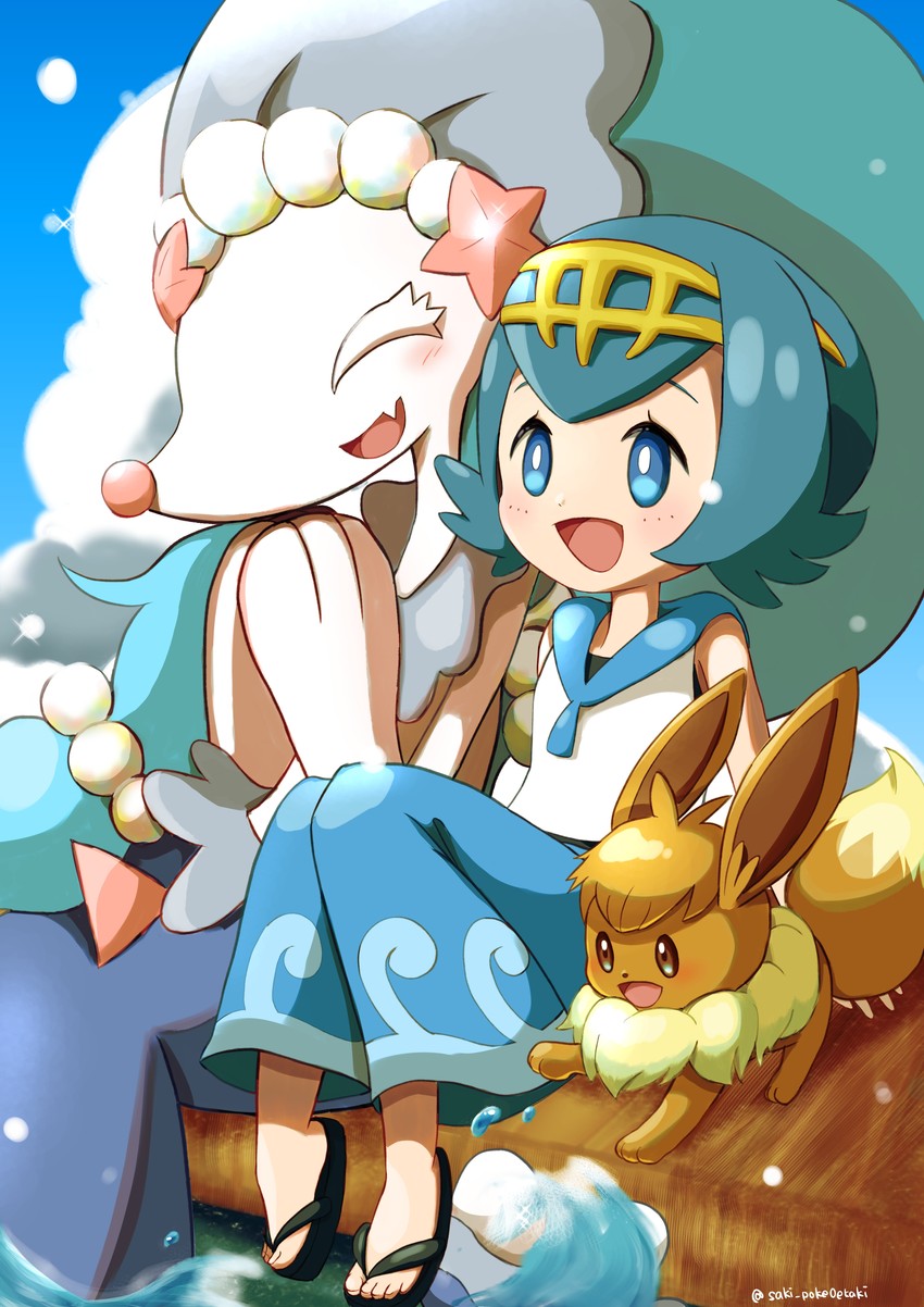 eevee, lana, and primarina (pokemon and 1 more) drawn by saki_pokeoekaki