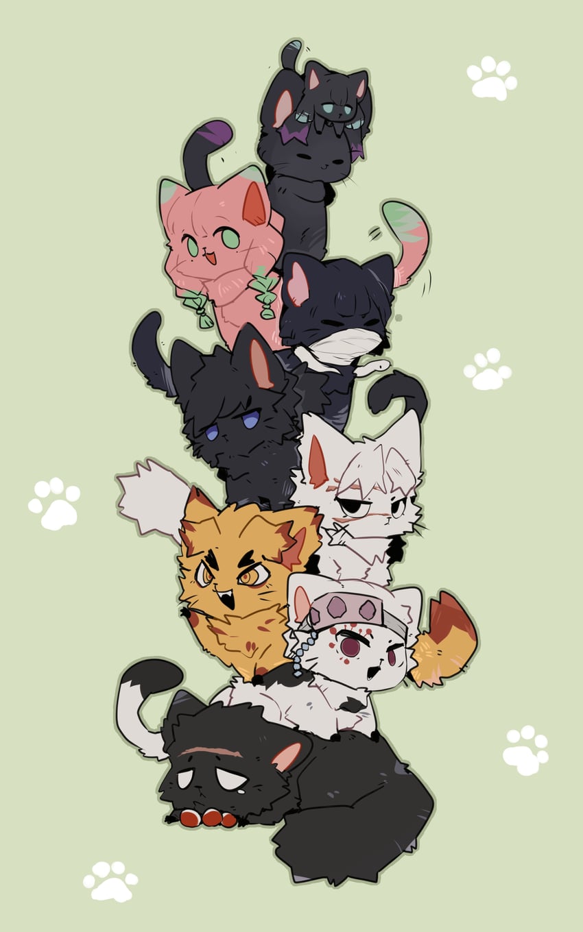 kochou shinobu, kanroji mitsuri, rengoku kyoujurou, tomioka giyuu, tokitou muichirou, and 5 more (kimetsu no yaiba) drawn by ou331