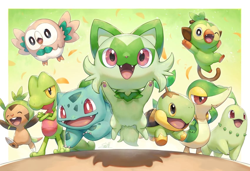 rowlet, bulbasaur, sprigatito, snivy, chikorita, and 4 more (pokemon) drawn by kemonomichi_(blue_black)
