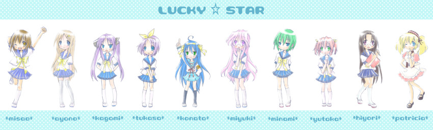 suzumiya haruhi, hiiragi kagami, izumi konata, asahina mikuru, hiiragi tsukasa, and 8 more (suzumiya haruhi no yuuutsu and 1 more) drawn by emo_(mikan)