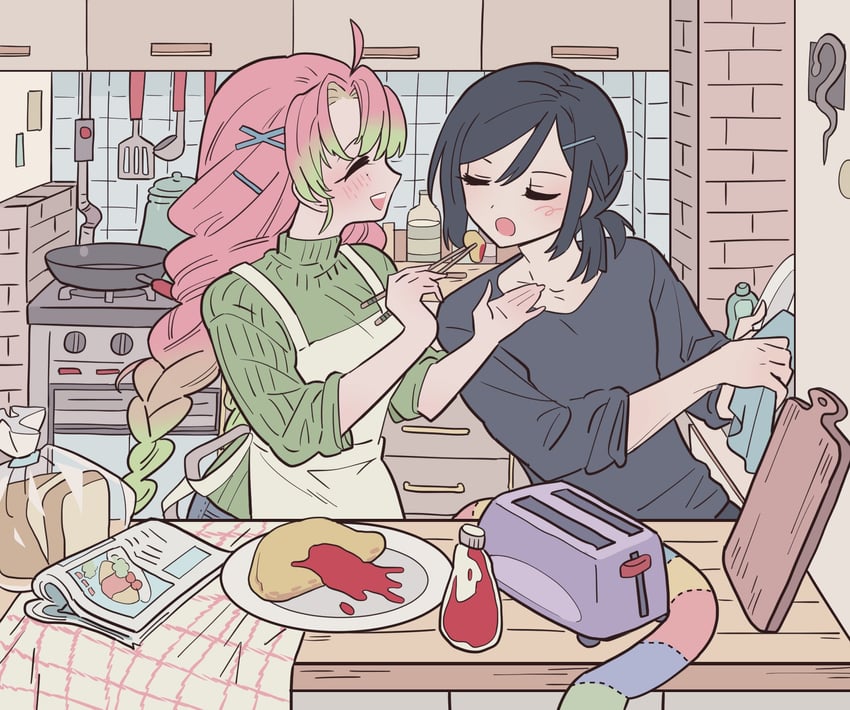 kanroji mitsuri and iguro obanai (kimetsu no yaiba) drawn by meremero