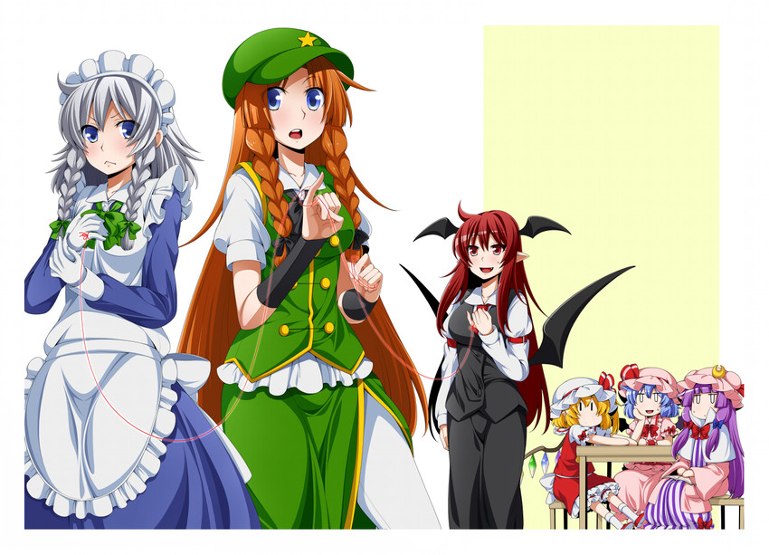 remilia scarlet, flandre scarlet, izayoi sakuya, patchouli knowledge, hong meiling, and 1 more (touhou) drawn by eichi_yuu