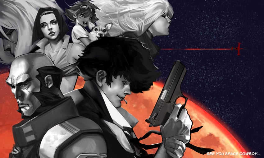 faye valentine, spike spiegel, edward wong hau pepelu tivrusky iv, ein, jet black, and 2 more (cowboy bebop) drawn by mirco_pierfederici