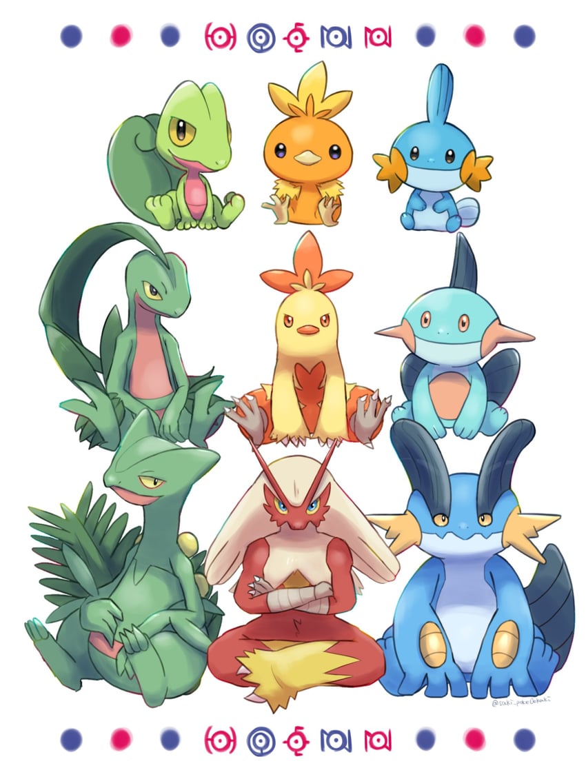 torchic, mudkip, blaziken, treecko, unown, and 9 more (pokemon) drawn by saki_pokeoekaki
