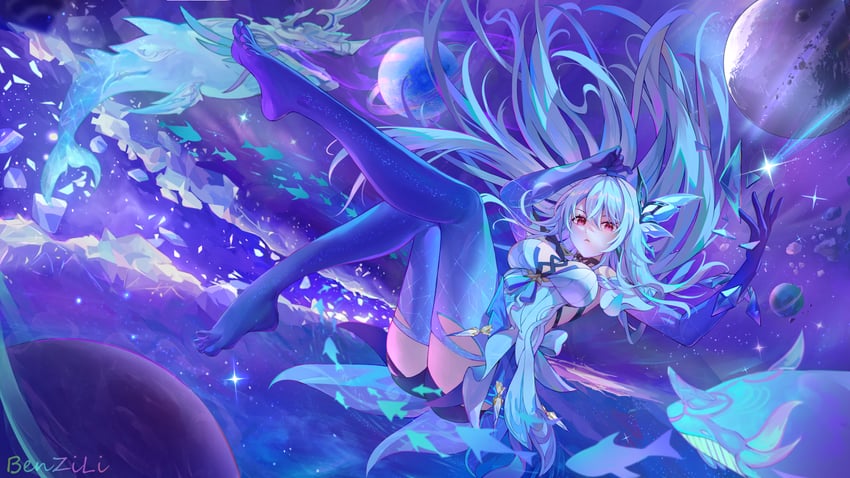 skirk and all-devouring narwhal (genshin impact) drawn by benzi_li