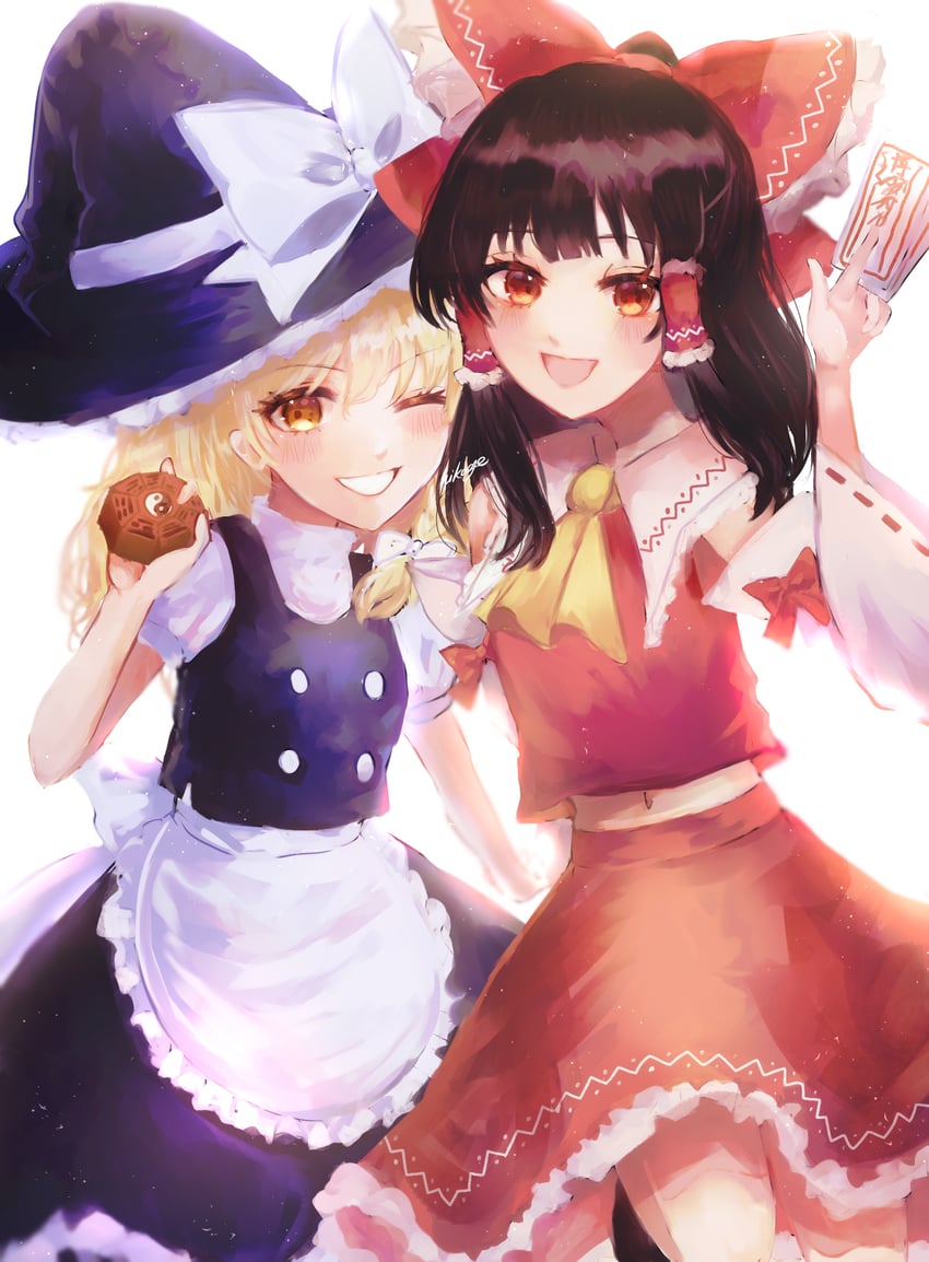 hakurei reimu and kirisame marisa (touhou) drawn by hikage_(0hi_kageo)