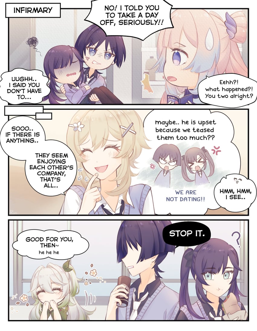 lumine, scaramouche, nahida, mona, and sangonomiya kokomi (genshin impact) drawn by renacchi06